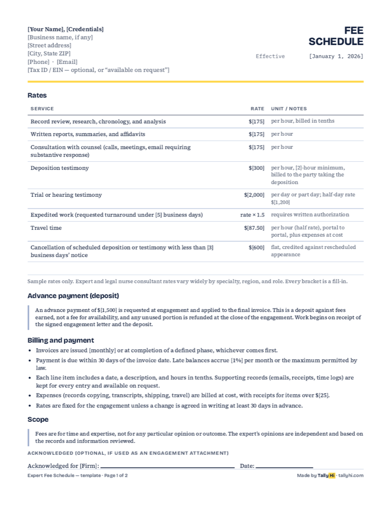 Page one of the TallyHi expert witness fee schedule template: rates table, advance payment paragraph, billing and payment terms, scope language, and an acknowledgement line.