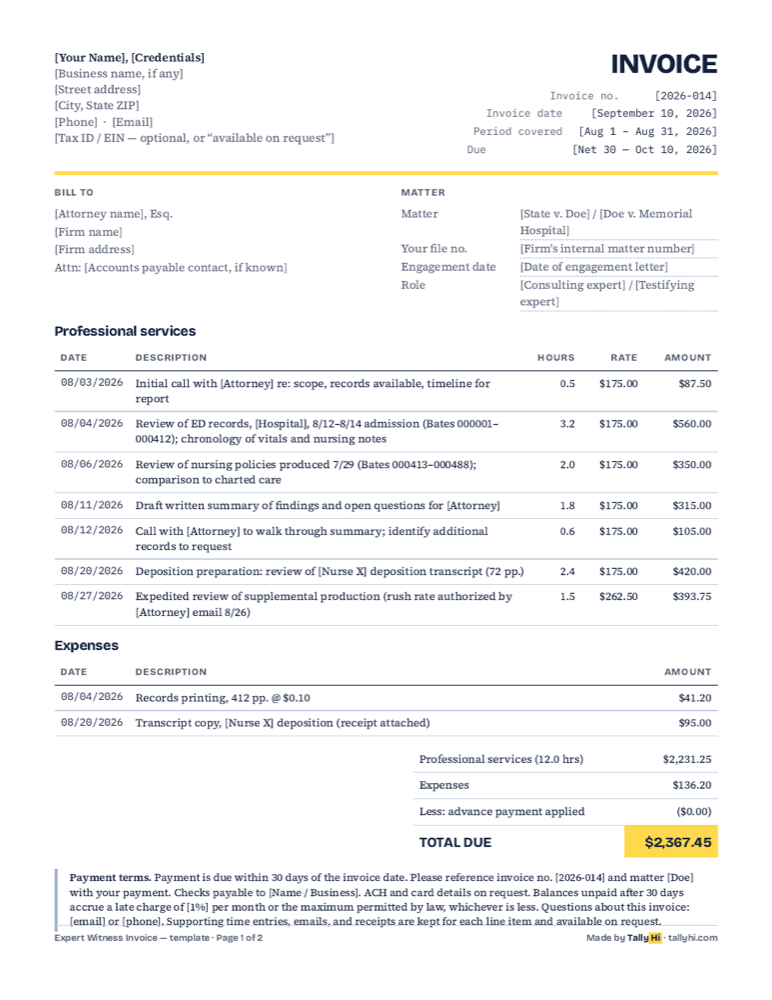 Page one of the TallyHi expert witness invoice template: identity block, invoice meta, matter details, itemised services and expenses, totals and payment terms.